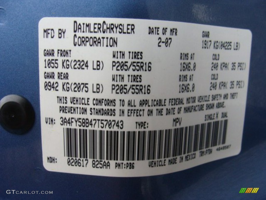 2007 PT Cruiser Color Code PB6 for Marine Blue Pearl Photo #76464359