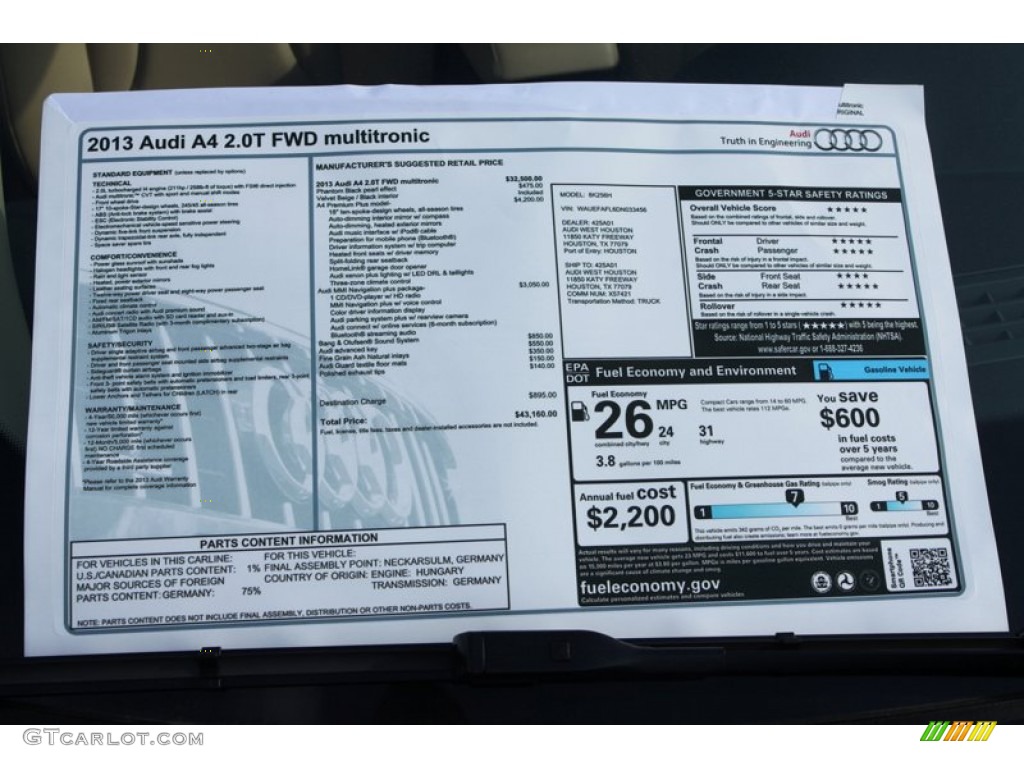 2013 Audi A4 2.0T Sedan Window Sticker Photo #76472324