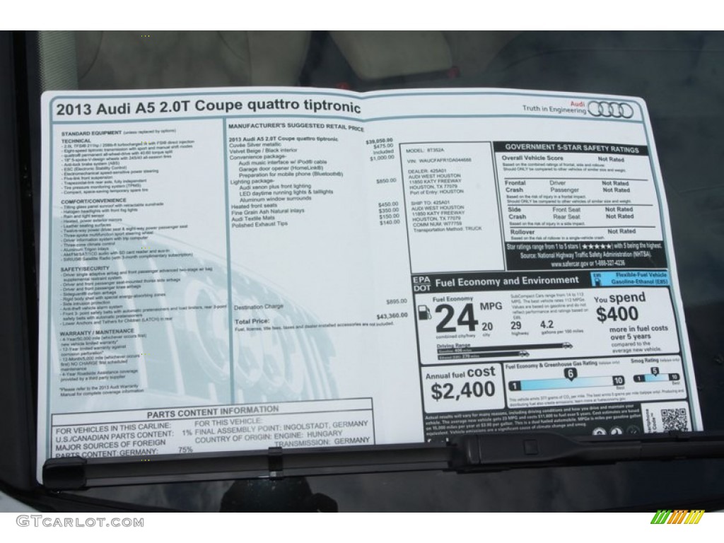 2013 Audi A5 2.0T quattro Coupe Window Sticker Photo #76472771