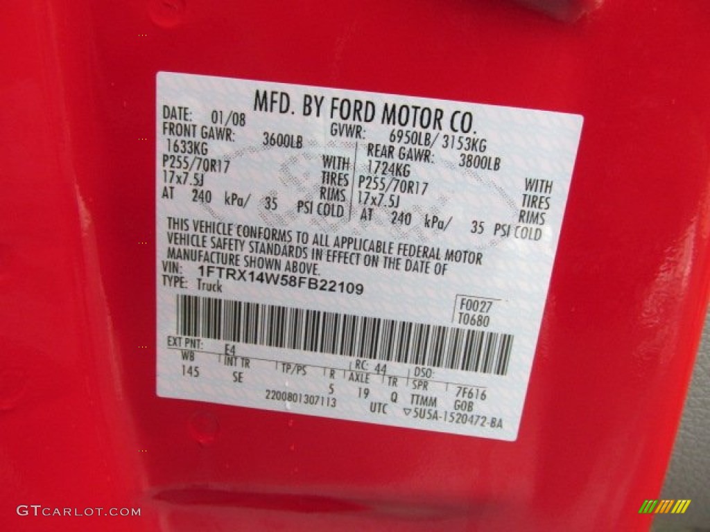 2008 Ford F150 STX SuperCab 4x4 Color Code Photos