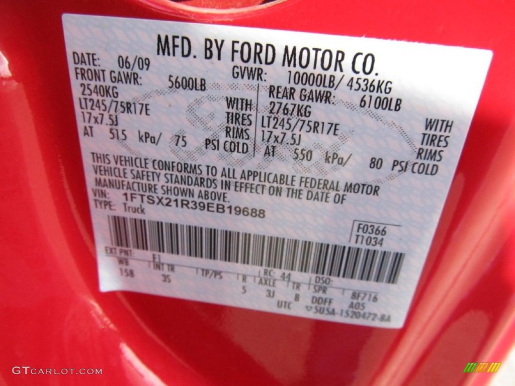 2009 F250 Super Duty Color Code F1 for Red Photo #76503392