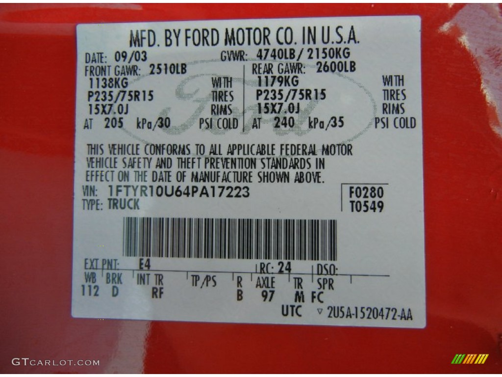 2004 Ford Ranger Edge Regular Cab Color Code Photos