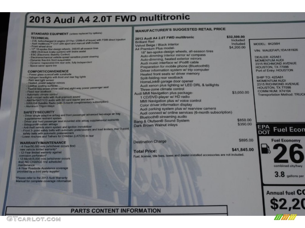 2013 A4 2.0T Sedan - Brilliant Red / Velvet Beige/Black photo #38