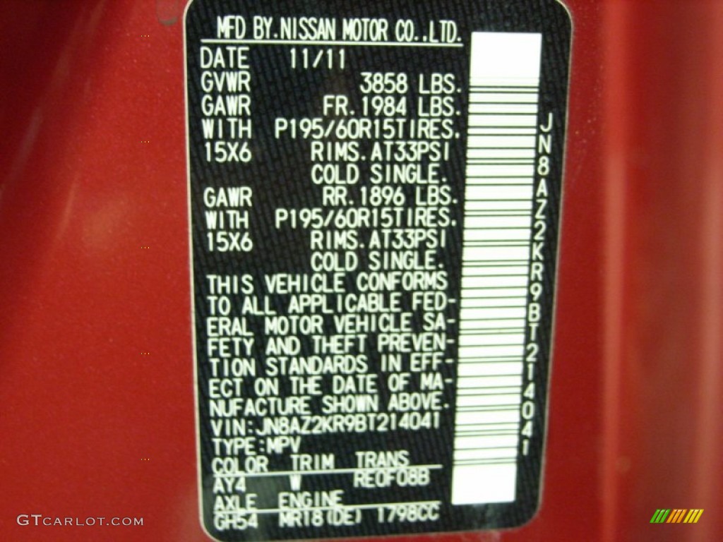 2011 Nissan Cube 1.8 S Color Code Photos
