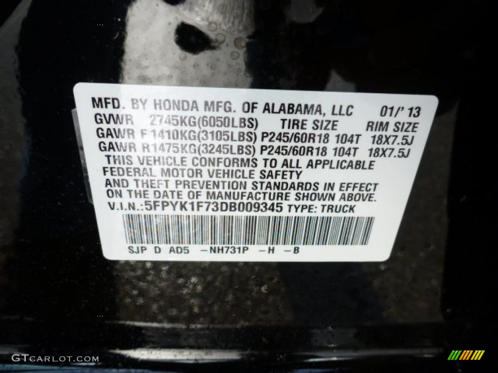 2013 Ridgeline Color Code NH731P for Crystal Black Pearl Photo #76555703