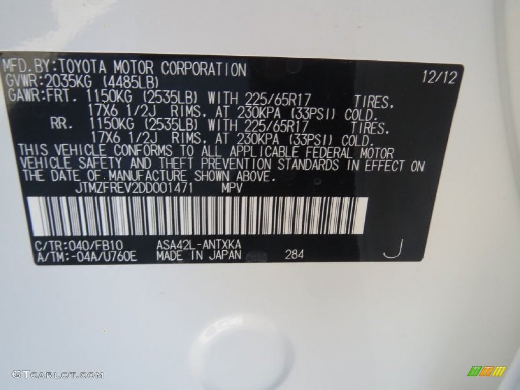 2013 RAV4 Color Code 040 for Super White Photo #76569722