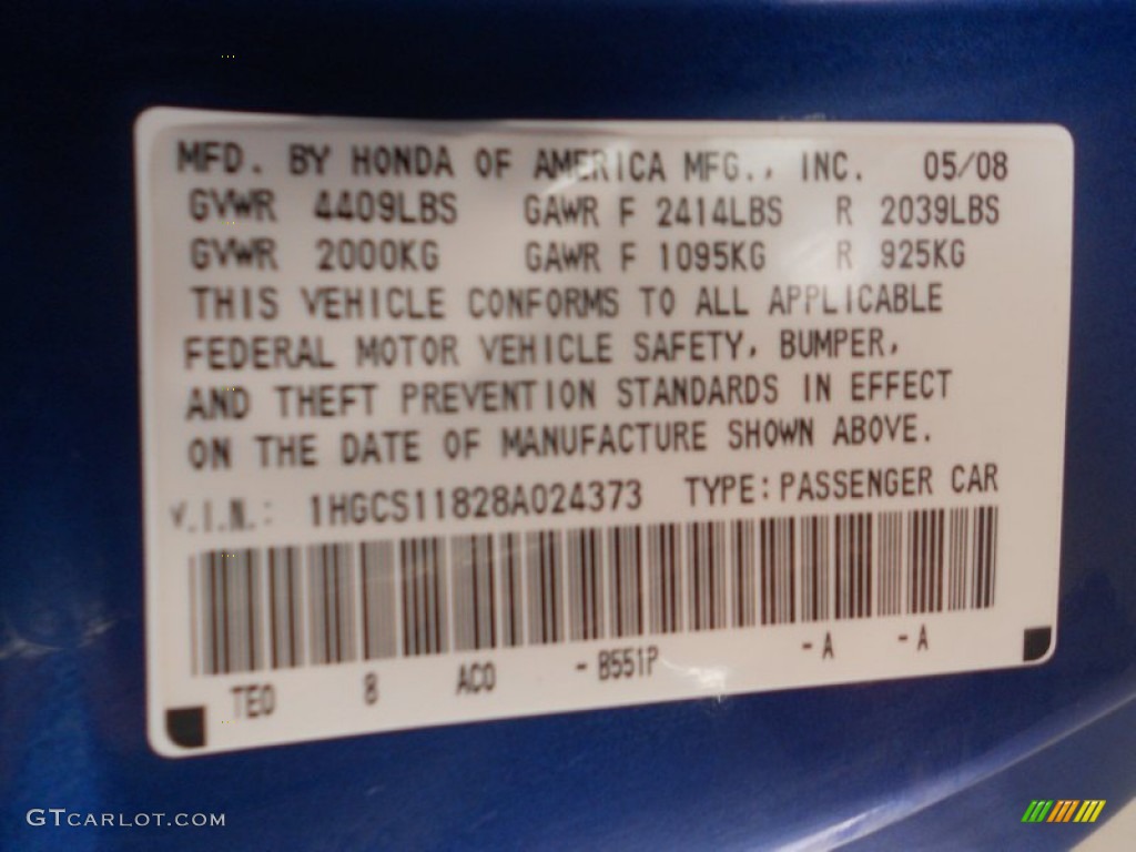 2008 Honda Accord EX-L Coupe Color Code Photos