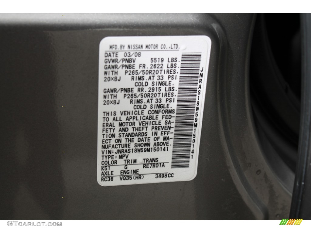 2009 Infiniti FX 35 AWD Color Code Photos