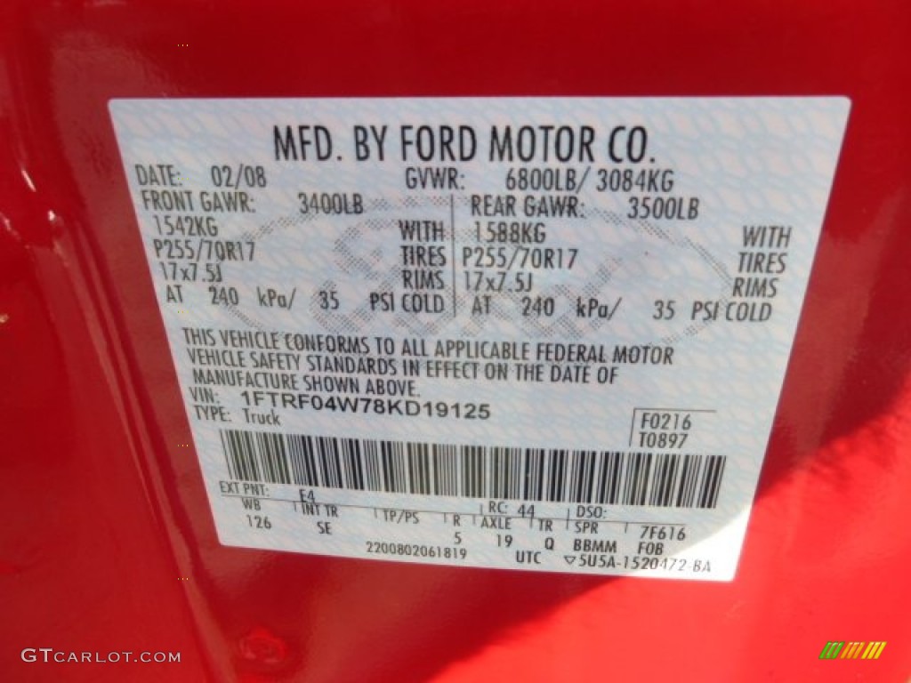 2008 Ford F150 STX Regular Cab 4x4 Color Code Photos