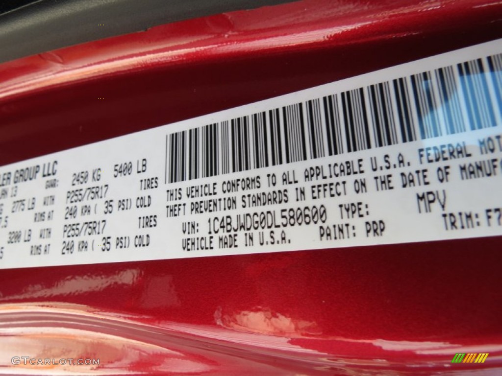 2013 Wrangler Unlimited Color Code PRP for Deep Cherry Red Crystal Pearl Photo #76643308
