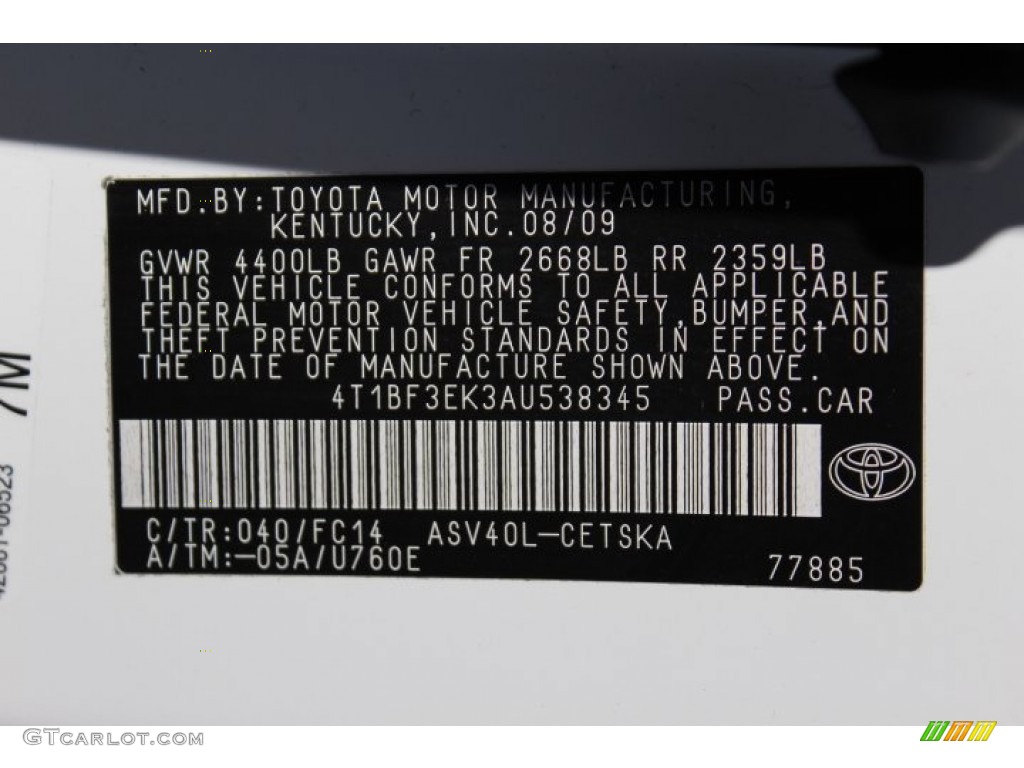 2010 Camry Color Code 040 for Super White Photo #76646316