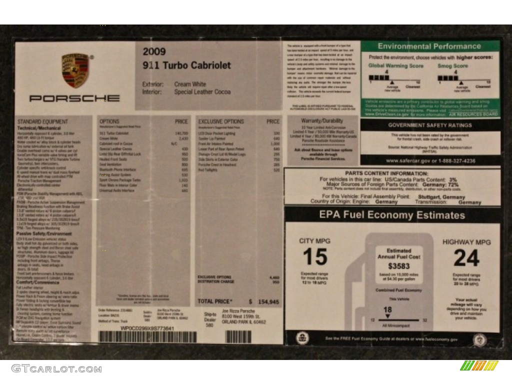2009 Porsche 911 Turbo Cabriolet Window Sticker Photo #76647645