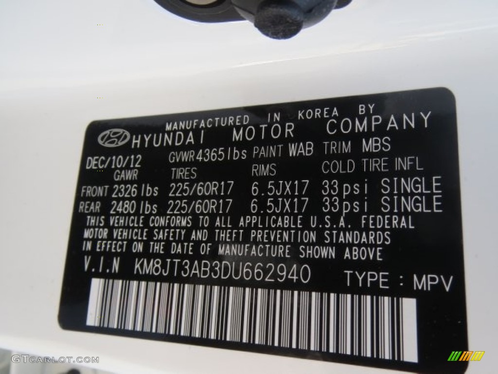 2013 Tucson Color Code WAB for Cotton White Photo #76652482