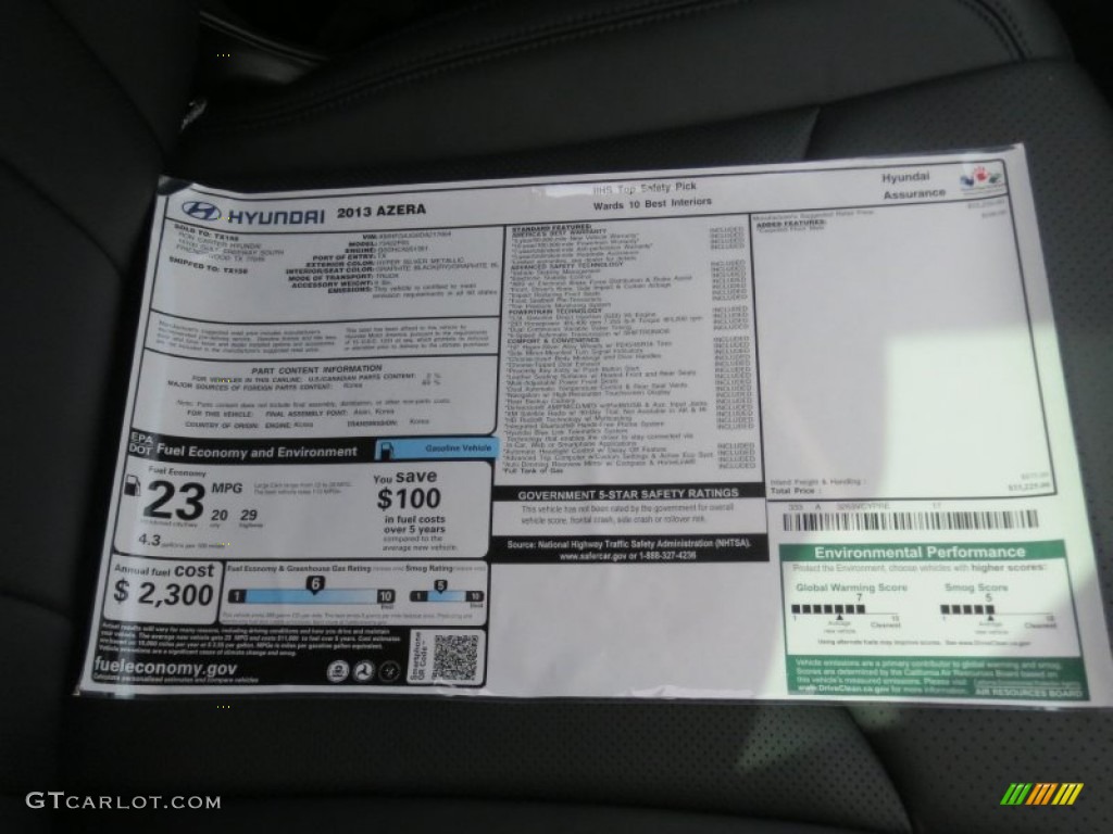 2013 Hyundai Azera Standard Azera Model Window Sticker Photo #76657149