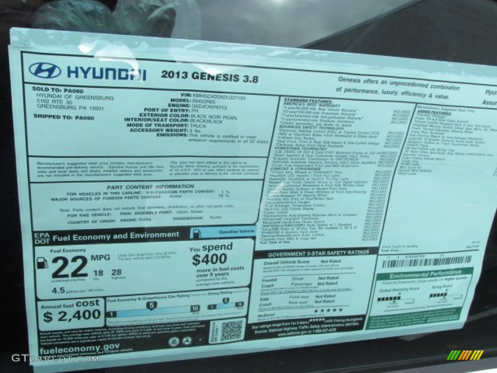 2013 Hyundai Genesis 3.8 Sedan Window Sticker Photo #76659866
