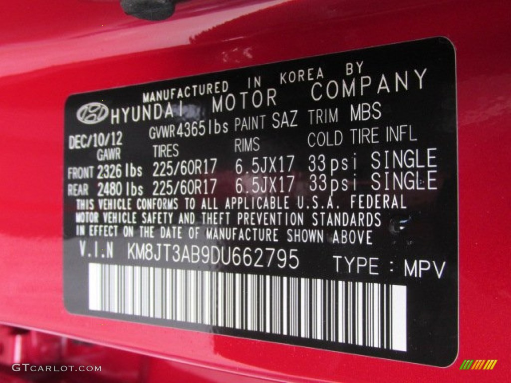 2013 Hyundai Tucson GL Color Code Photos