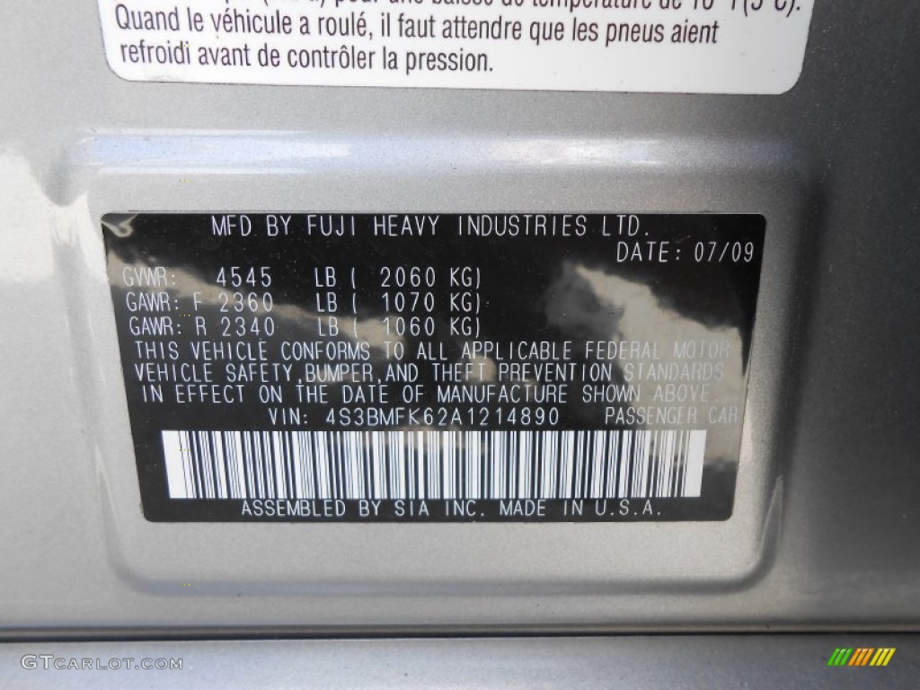 2010 Subaru Legacy 2.5 GT Limited Sedan Info Tag Photo #76664592