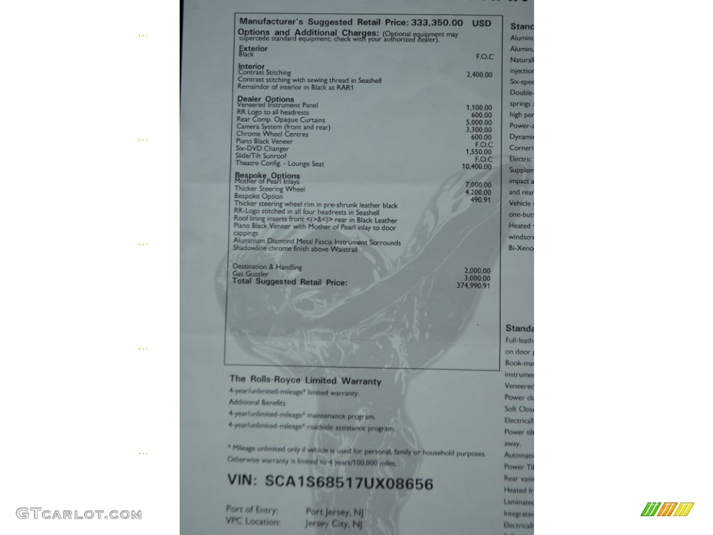 2007 Rolls-Royce Phantom Standard Phantom Model Window Sticker Photo #76701080