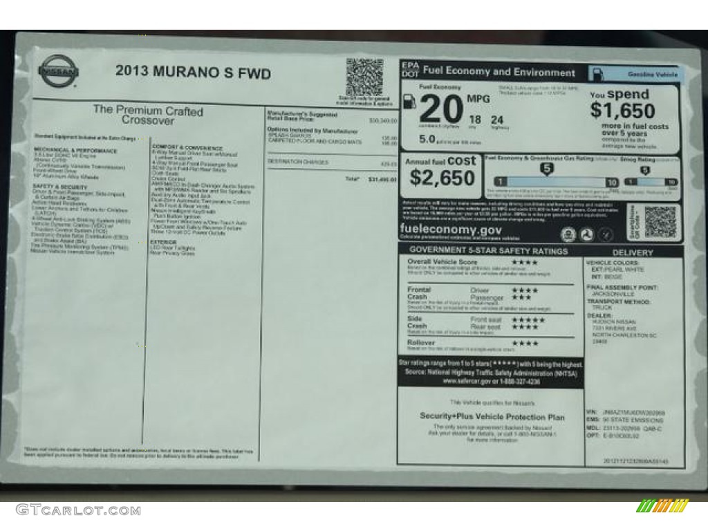 2013 Nissan Murano S Window Sticker Photo #76715275