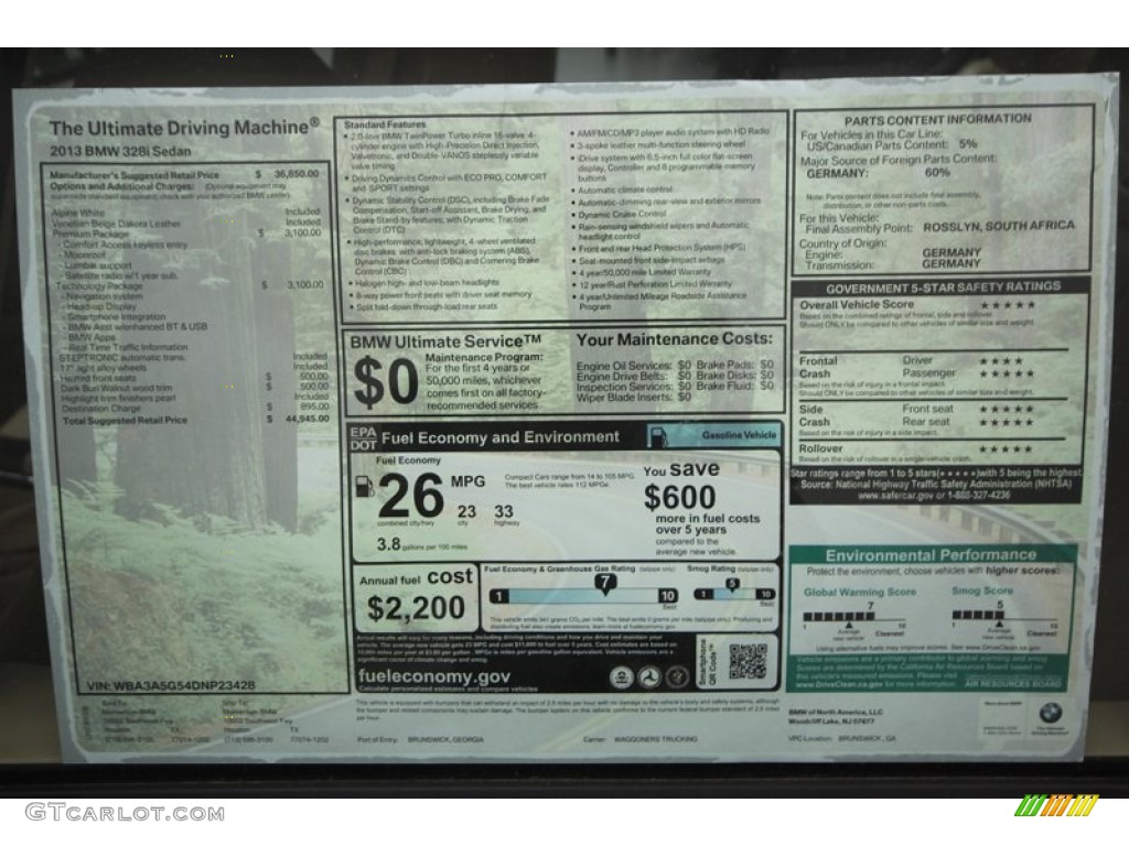 2013 BMW 3 Series 328i Sedan Window Sticker Photo #76731192