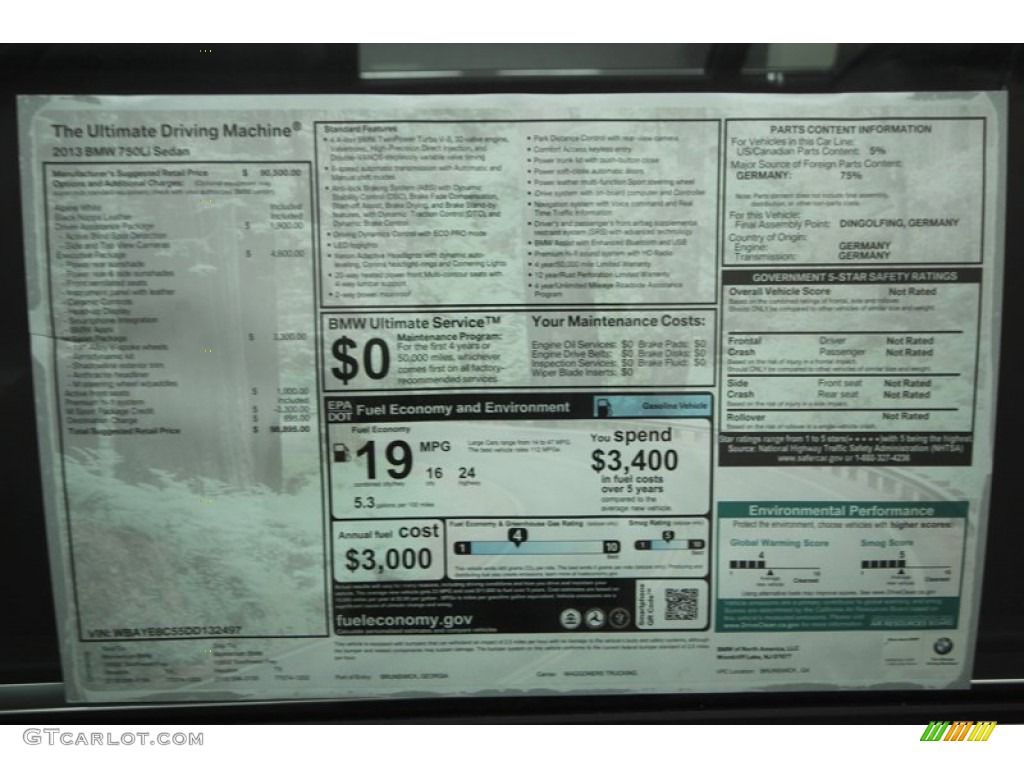 2013 BMW 7 Series 750Li Sedan Window Sticker Photo #76734562