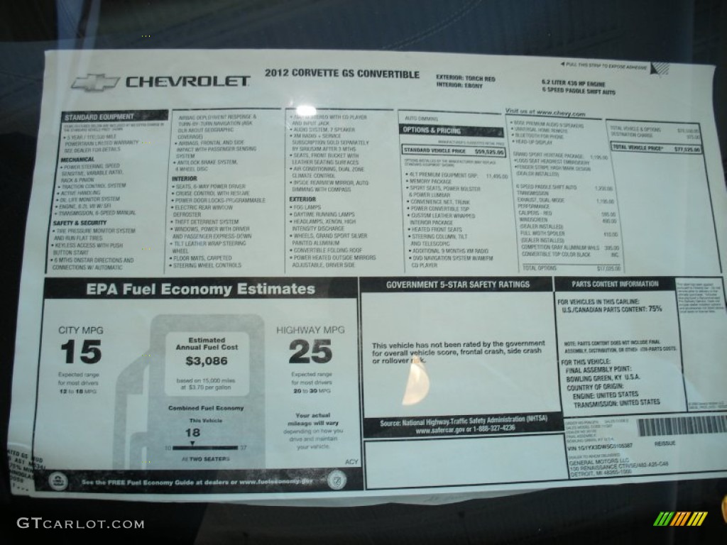 2012 Chevrolet Corvette Grand Sport Convertible Window Sticker Photo #76752368