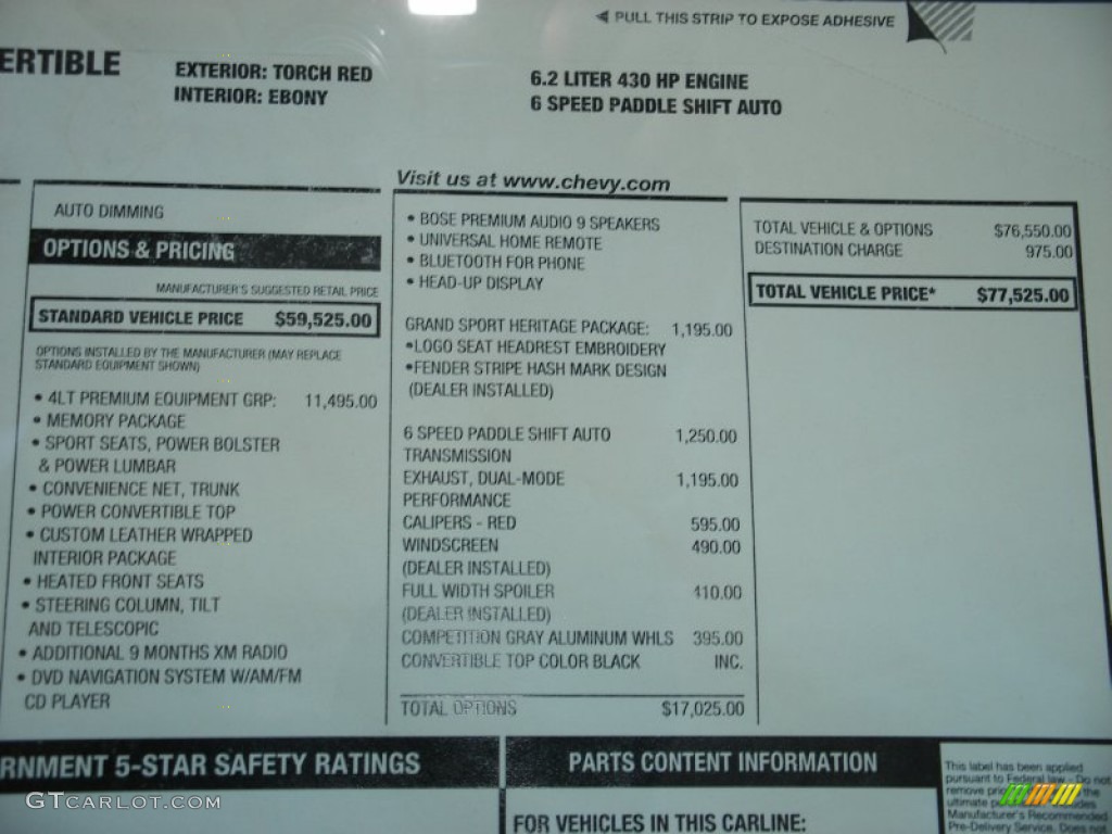 2012 Chevrolet Corvette Grand Sport Convertible Window Sticker Photo #76752392