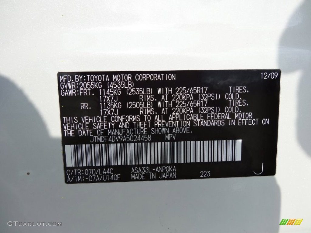 2010 RAV4 Color Code 070 for Blizzard White Pearl Photo #76775206