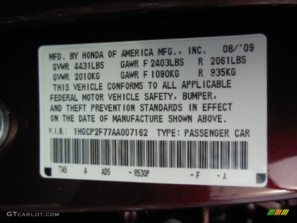 2010 Accord Color Code R530P for Basque Red Pearl Photo #76787865