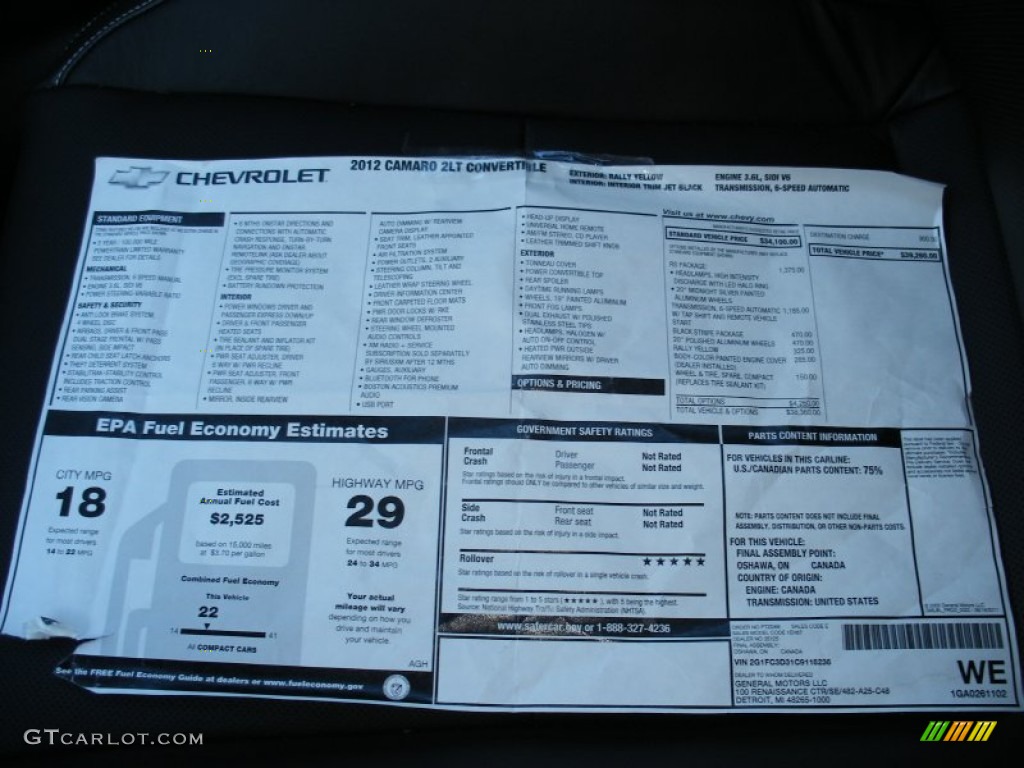 2012 Chevrolet Camaro LT/RS Convertible Window Sticker Photo #76797461