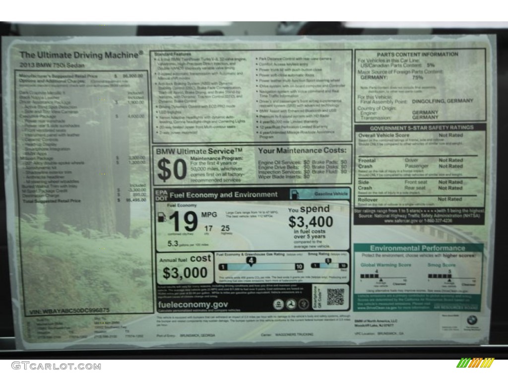 2013 BMW 7 Series 750i Sedan Window Sticker Photo #76805970