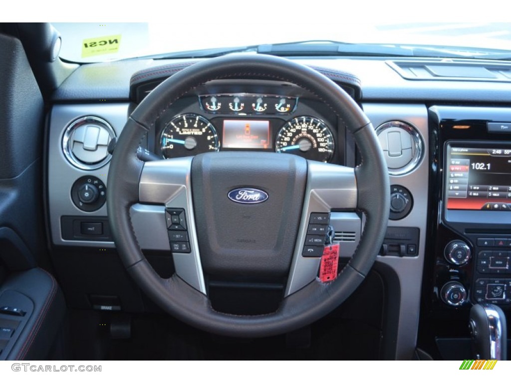 2013 Ford F150 Limited SuperCrew 4x4 Limited Unique Red Leather Steering Wheel Photo #76809444