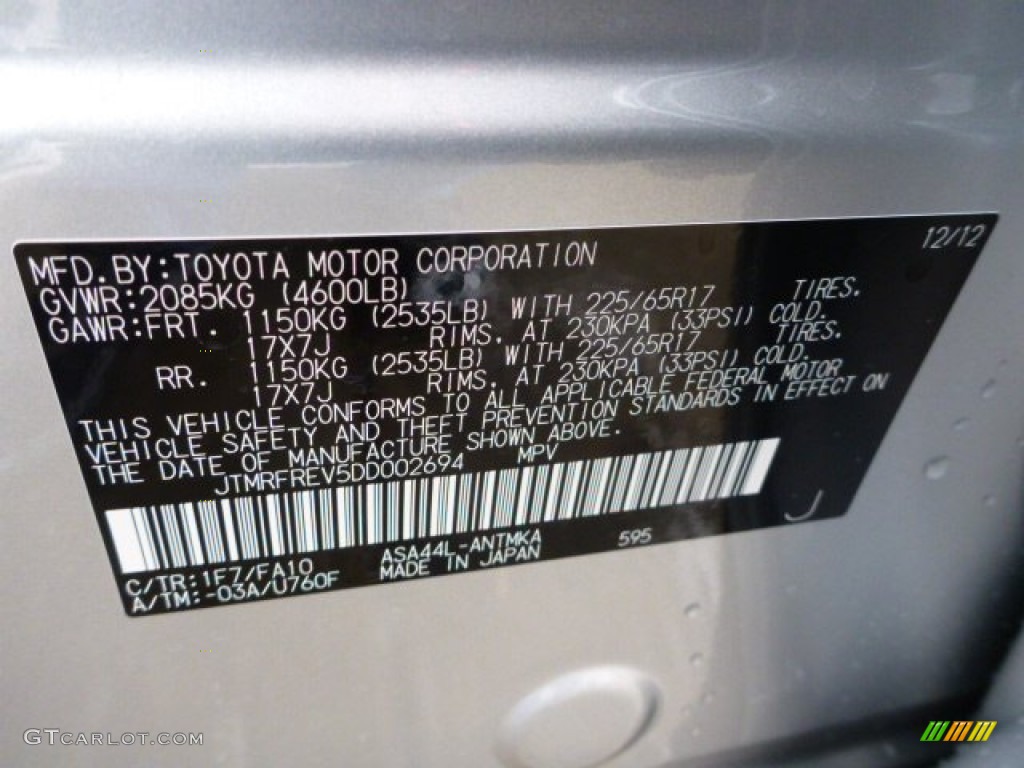 2013 RAV4 Color Code 1F7 for Classic Silver Metallic Photo #76809519