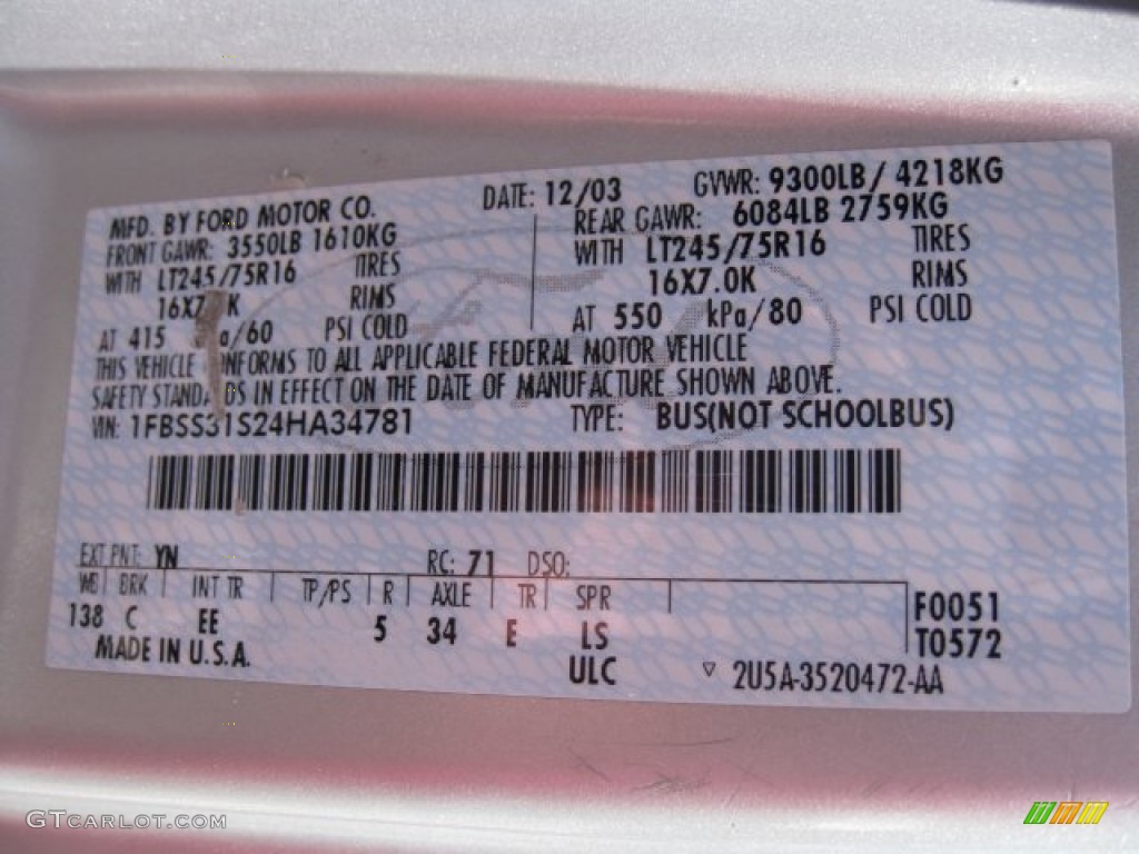 2004 Ford E Series Van E350 Super Duty XL 15 Passenger Color Code Photos