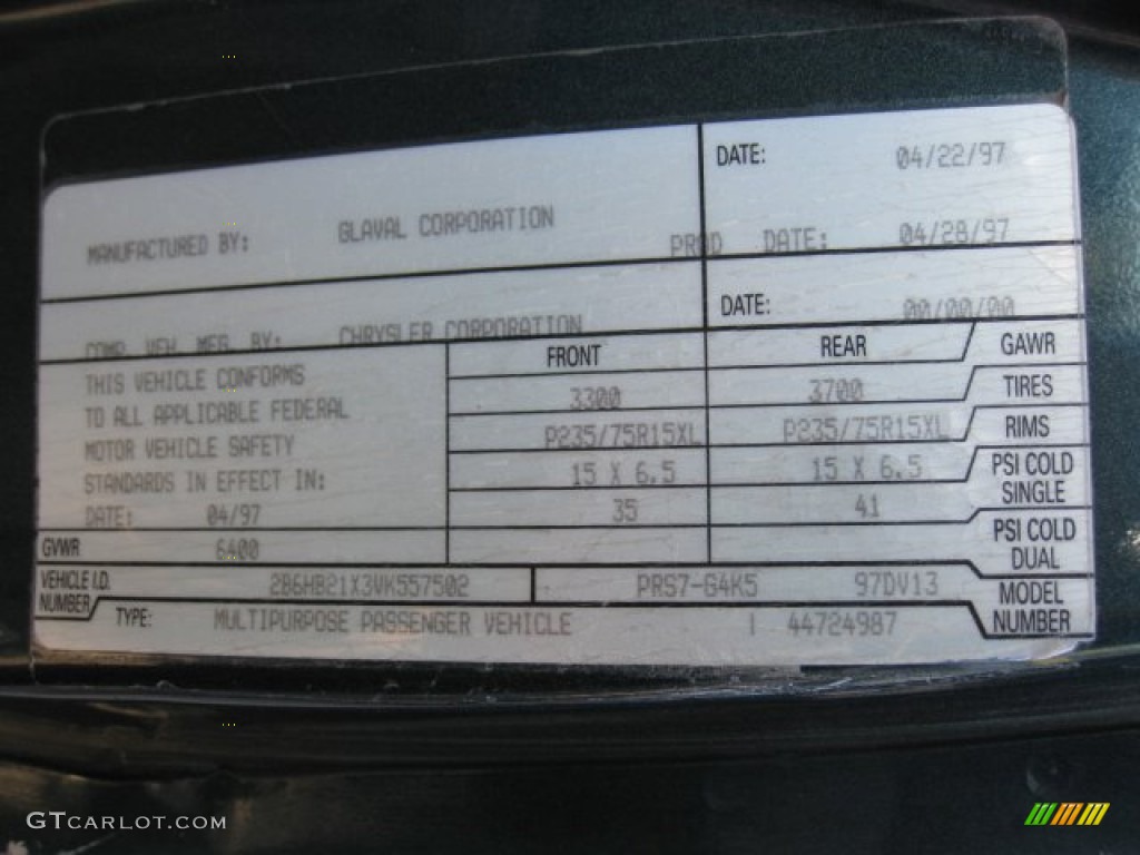 1997 Dodge Ram Van 2500 Conversion Info Tag Photo #76821738