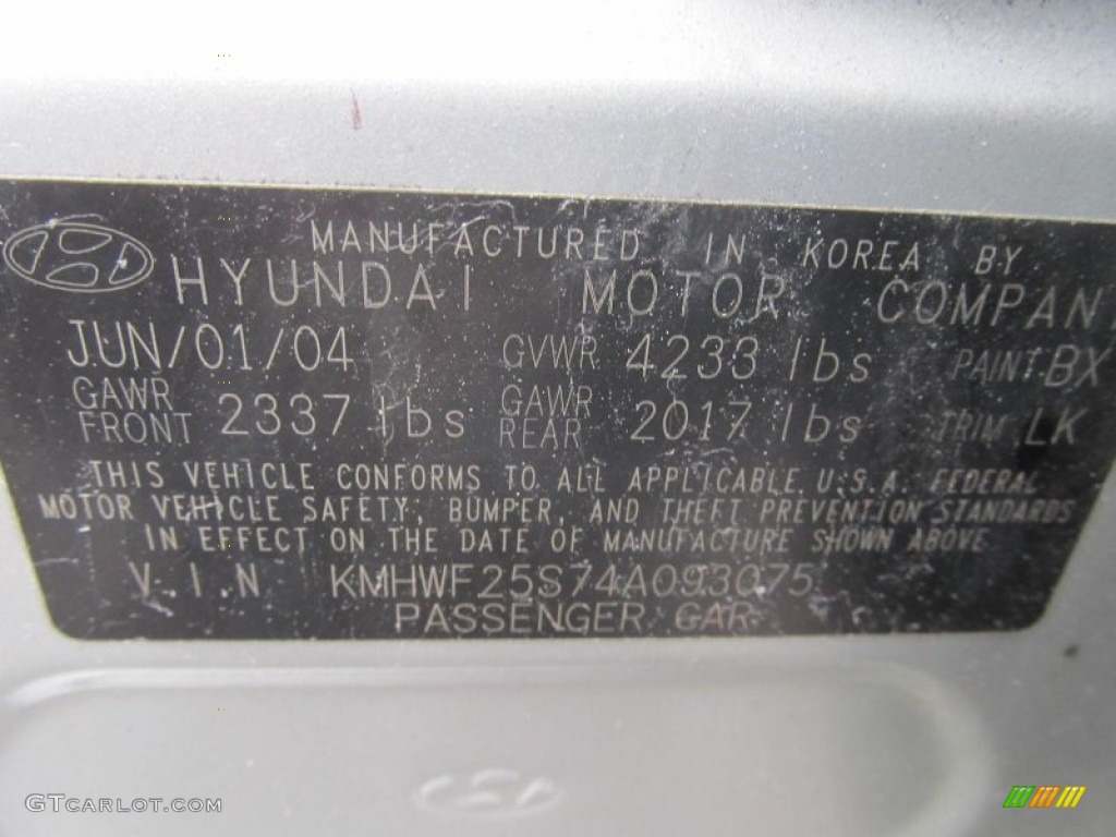 2004 Sonata Color Code BX for Brilliant Silver Photo #76825333