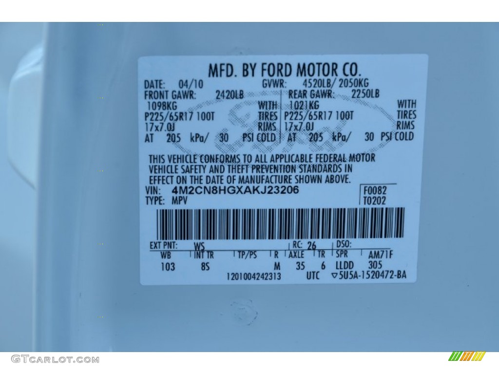2010 Mercury Mariner V6 Premier Color Code Photos