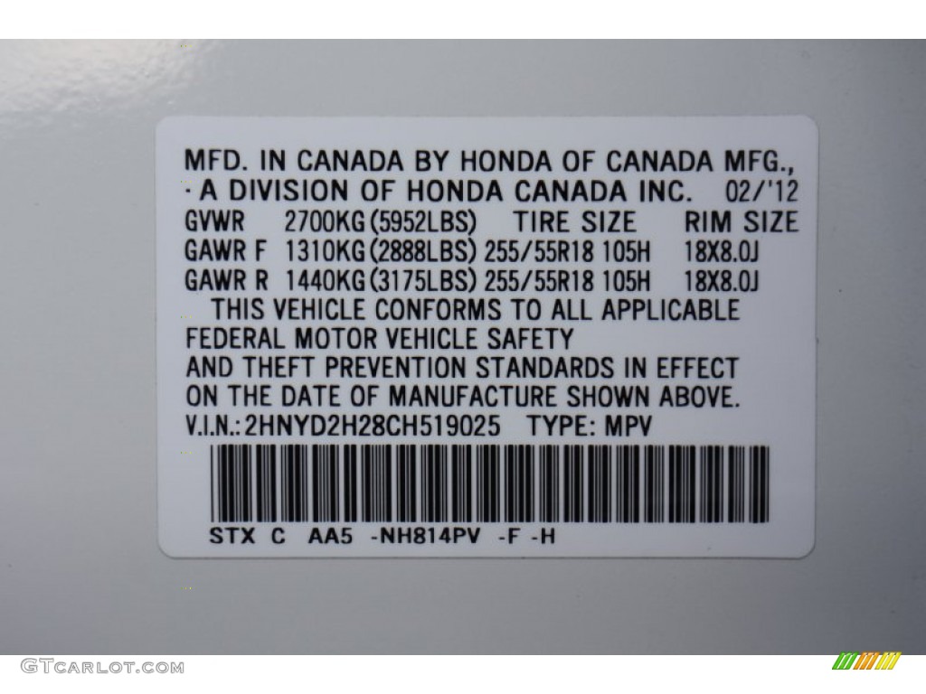 2012 MDX Color Code NH814PV for Aspen White Pearl II Photo #76833180