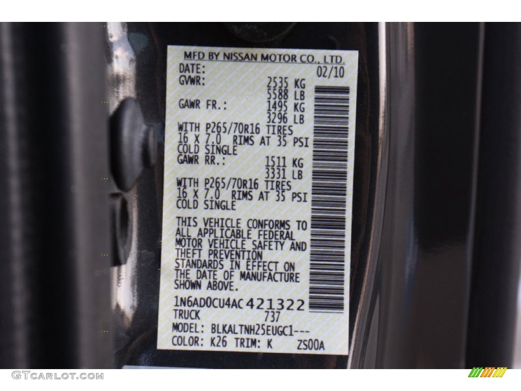 2010 Nissan Frontier SE V6 King Cab Color Code Photos