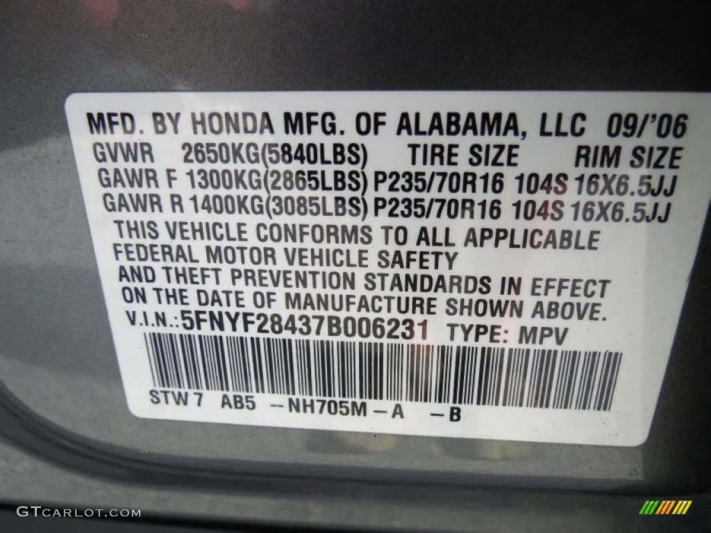 2007 Honda Pilot EX Color Code Photos