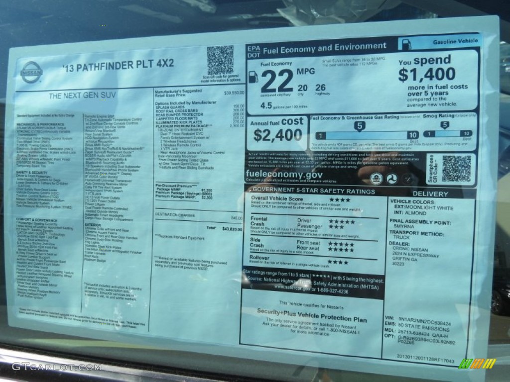 2013 Nissan Pathfinder Platinum Window Sticker Photo #76851939