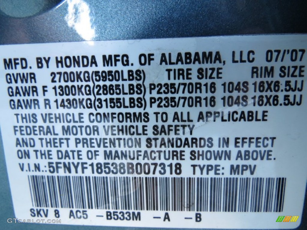 2008 Pilot Color Code B533M for Steel Blue Metallic Photo #76886067