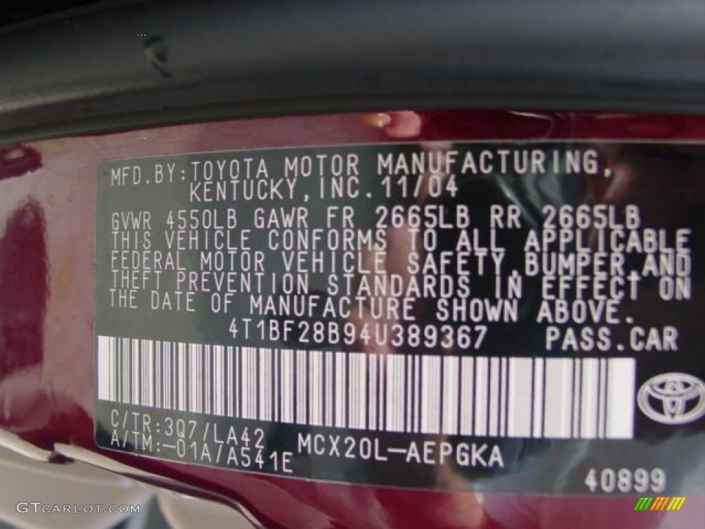 2004 Avalon Color Code 3Q7 for Cassis Red Pearl Photo #76891876