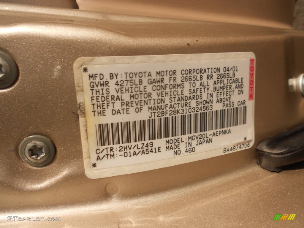 2001 Camry Color Code 2HV for Cashmere Beige Metallic Photo #76895473