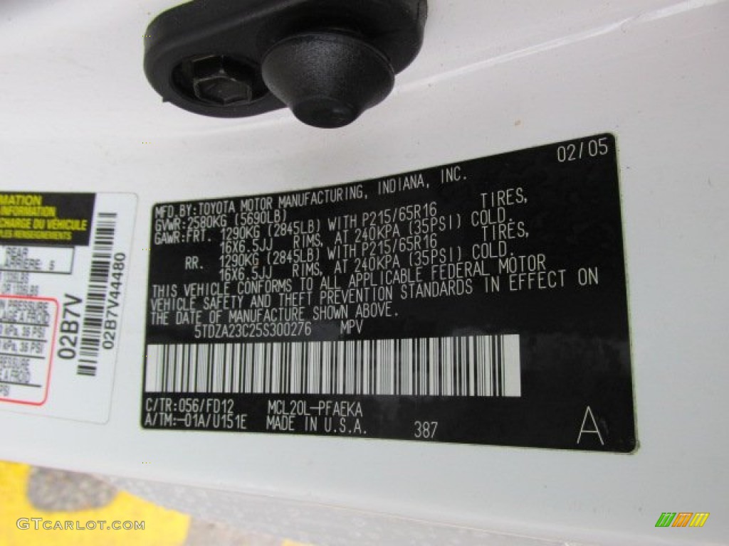 2005 Toyota Sienna CE Color Code Photos