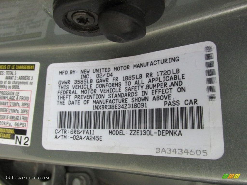 2004 Corolla Color Code 6R6 for Mineral Green Photo #76906386