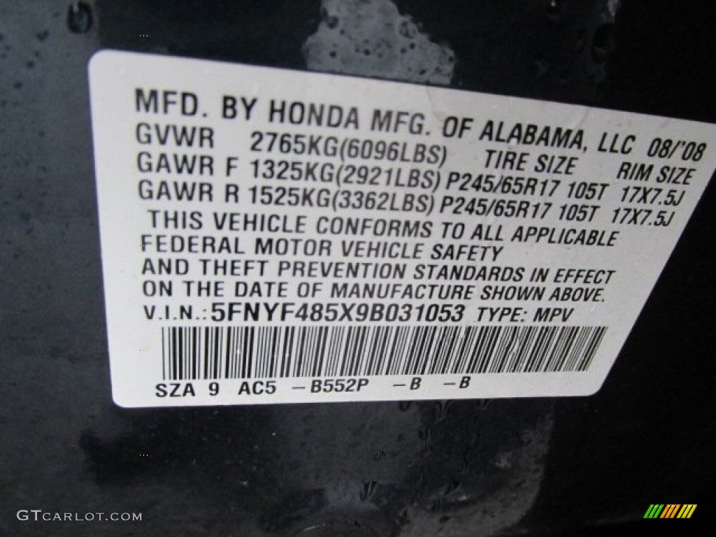 2009 Honda Pilot EX-L 4WD Color Code Photos