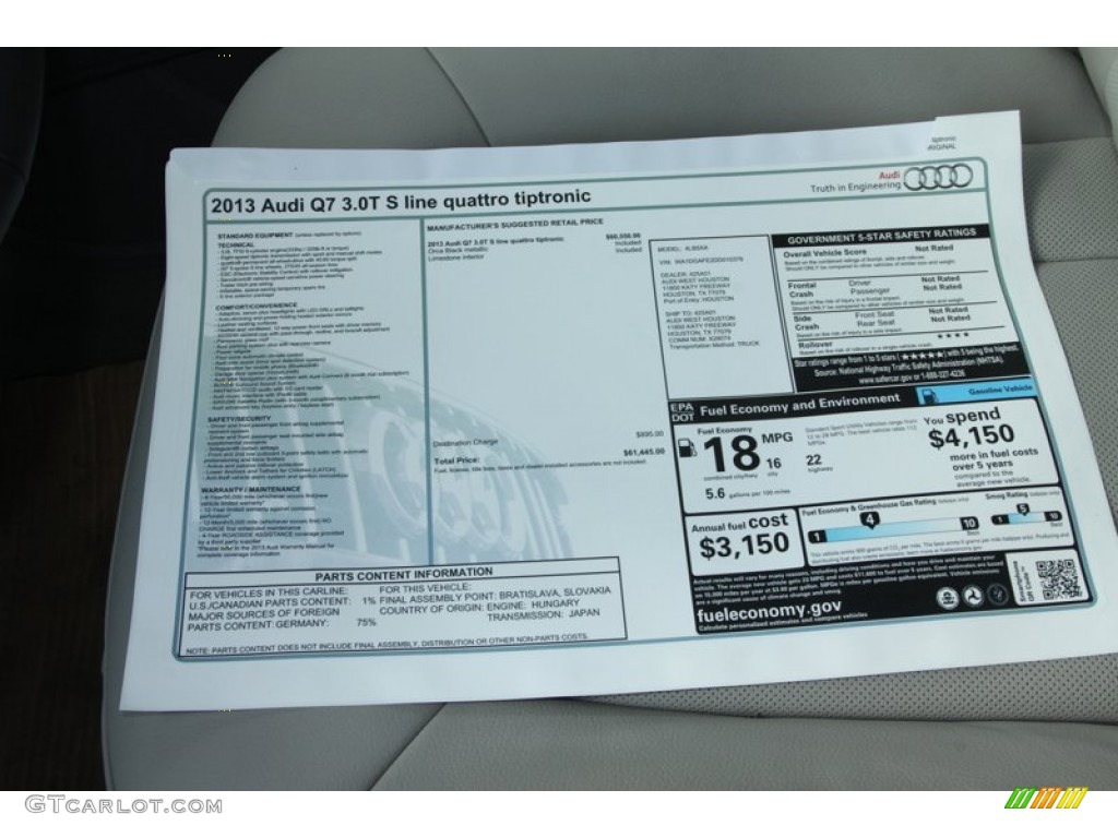 2013 Audi Q7 3.0 S Line quattro Window Sticker Photo #76908129