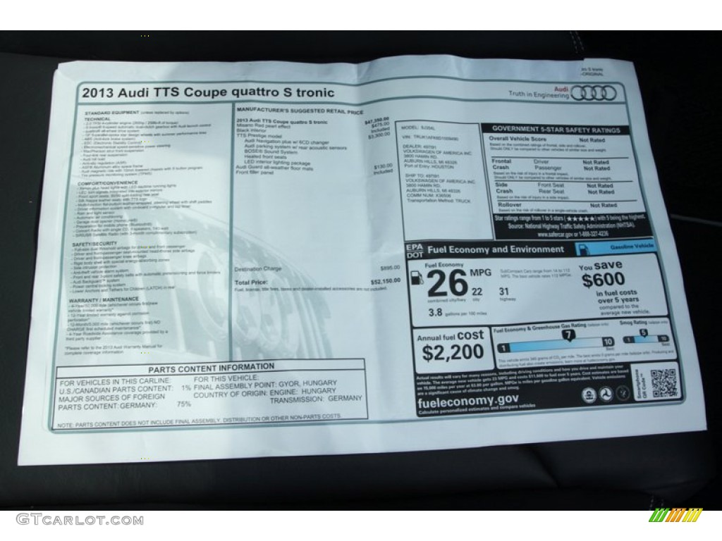 2013 Audi TT S 2.0T quattro Coupe Window Sticker Photos