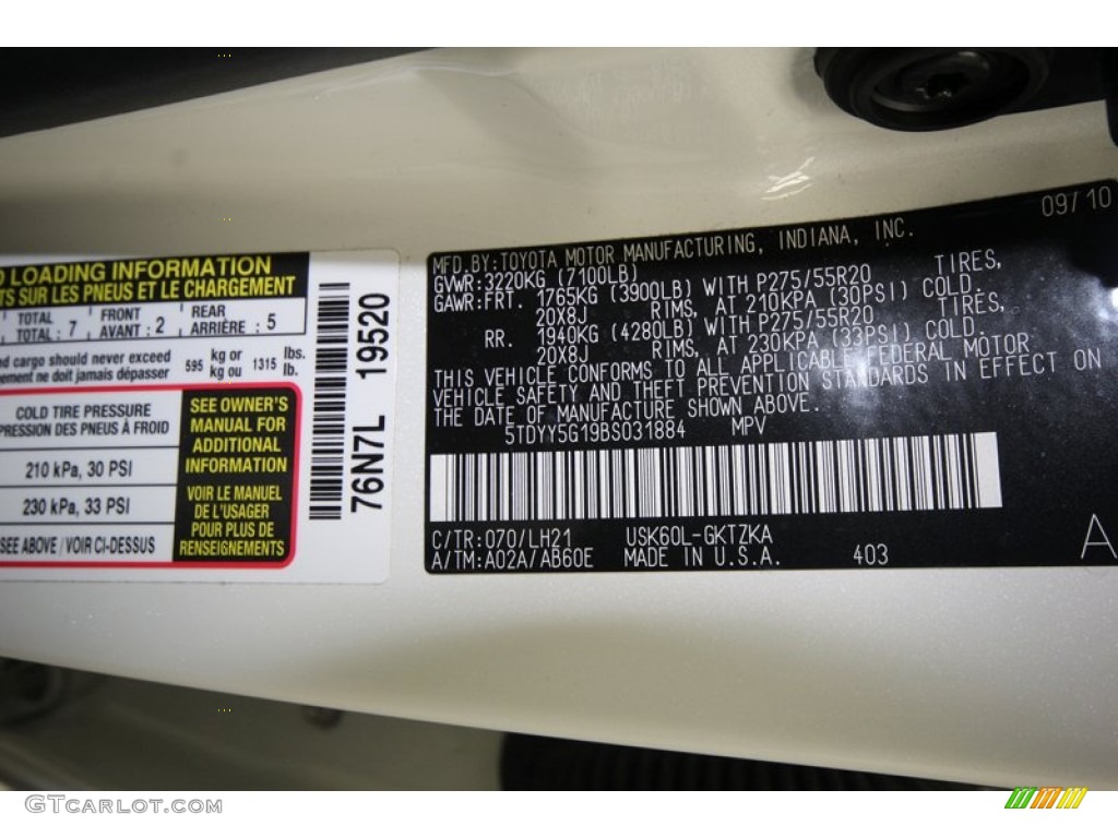 2011 Sequoia Color Code 070 for Blizzard White Pearl Photo #76911421